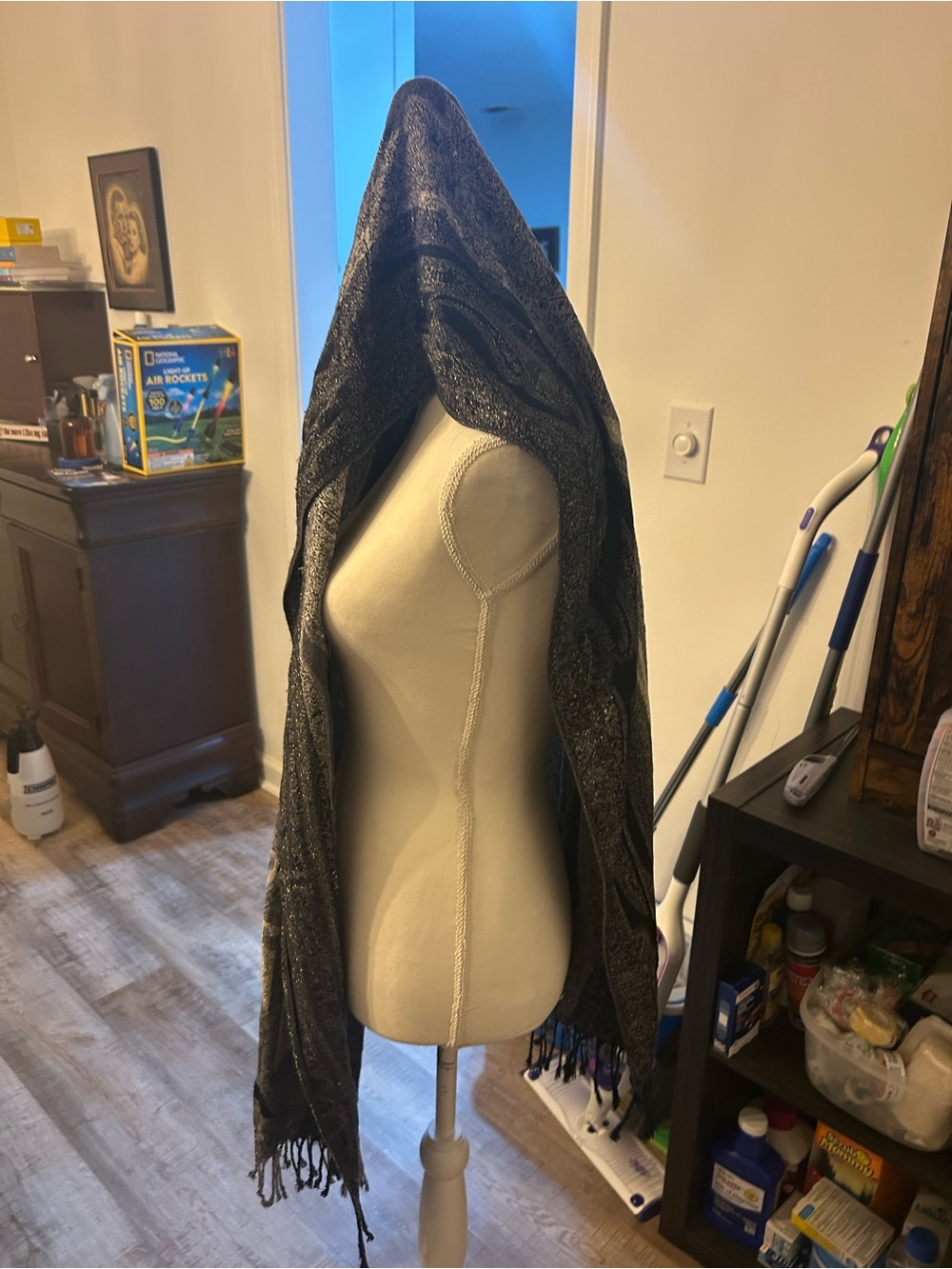 Elegant Black Metallic Shawl with Fringe - Brand Unspecified